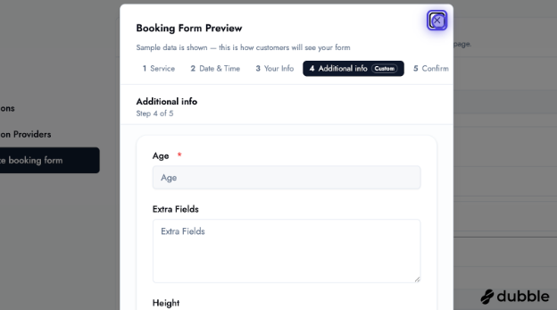 BOOKIN booking form — customer flow preview tabs