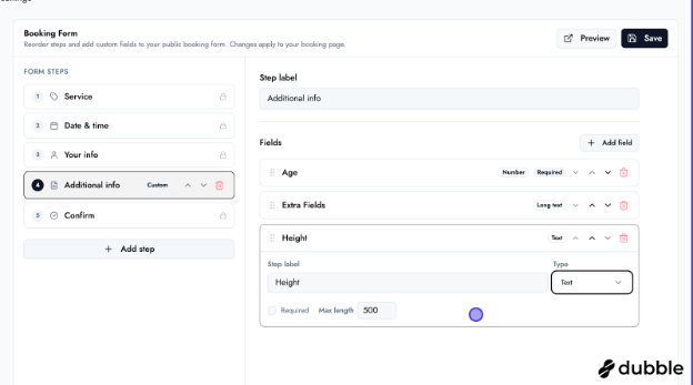 BOOKIN booking form — multiple custom fields on one step