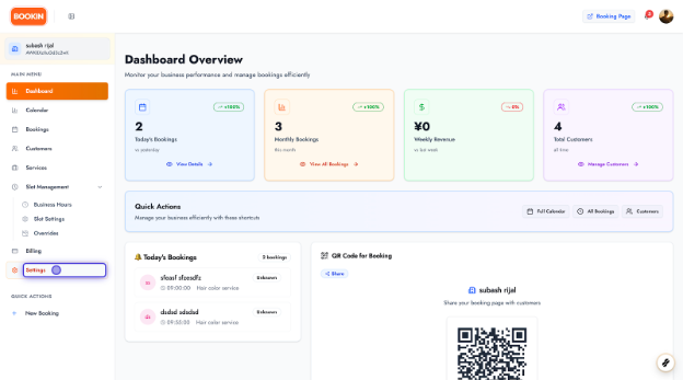 BOOKIN dashboard — open Settings from the navigation